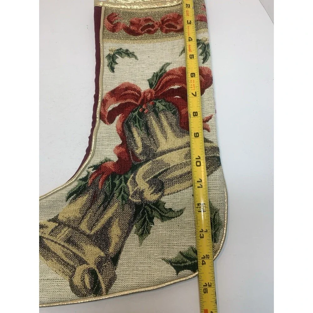 Vintage Needlepoint Christmas Stocking Gold Bells Bows Decorative Holiday Gift